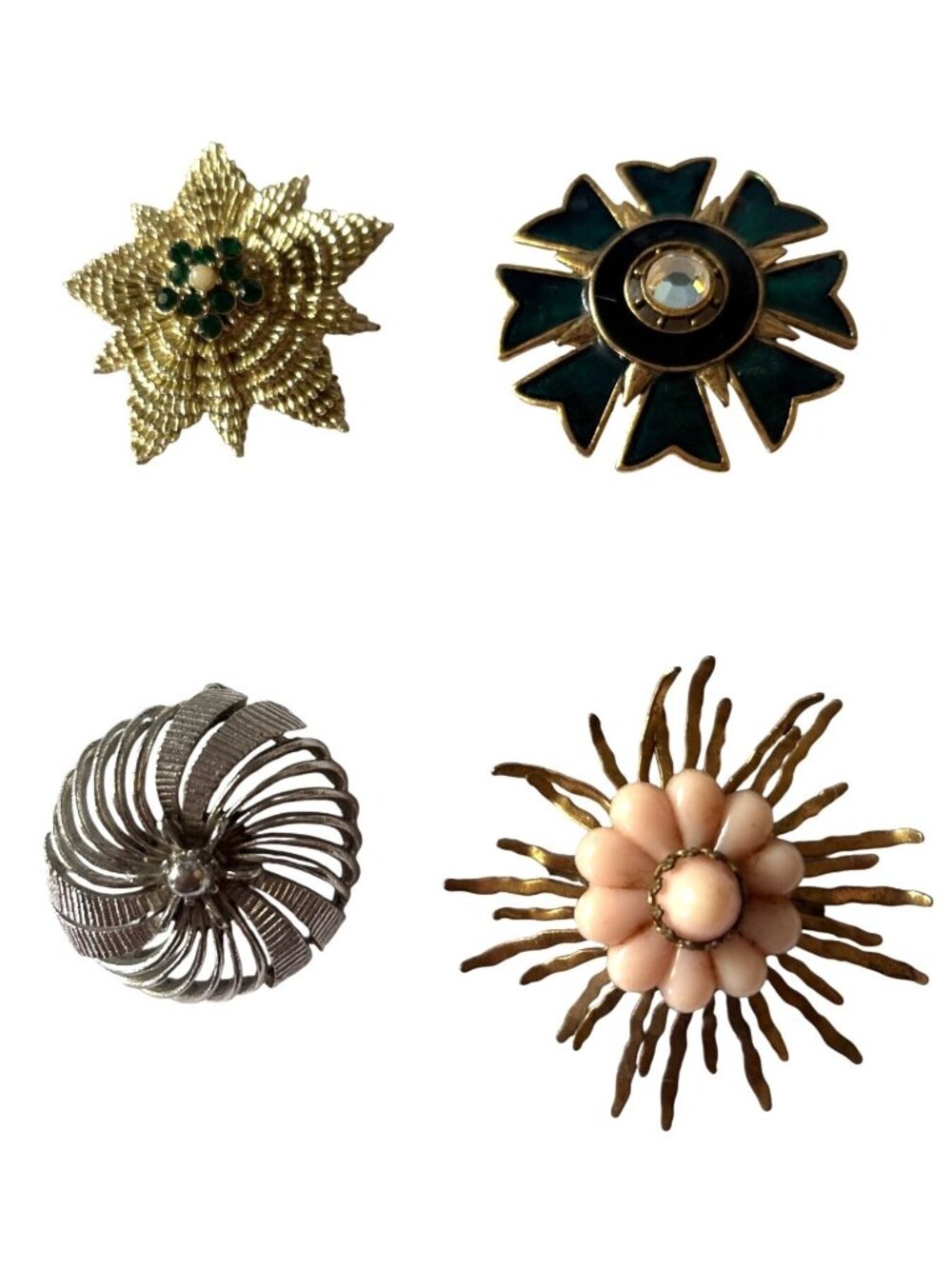 Vintage Brooches Set Of 4 Mixed Materials Floral & Abstract Silver-Tone Swirl